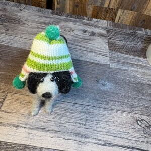 Felted wool Dog Figurine with Green and White Knit Hat